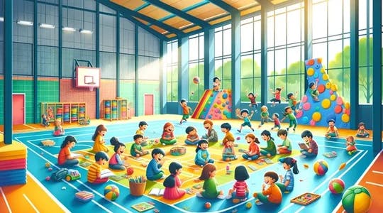 Fargerik illustrasjon av barn i en idrettshall